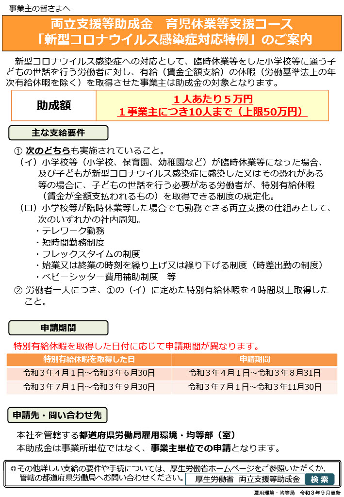両立支援等助成金（育児休業等支援コース（新型コロナウイルス感染症対応特例））